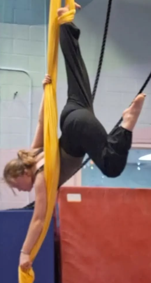 blue hanging from a yellow silk in a dancers pose